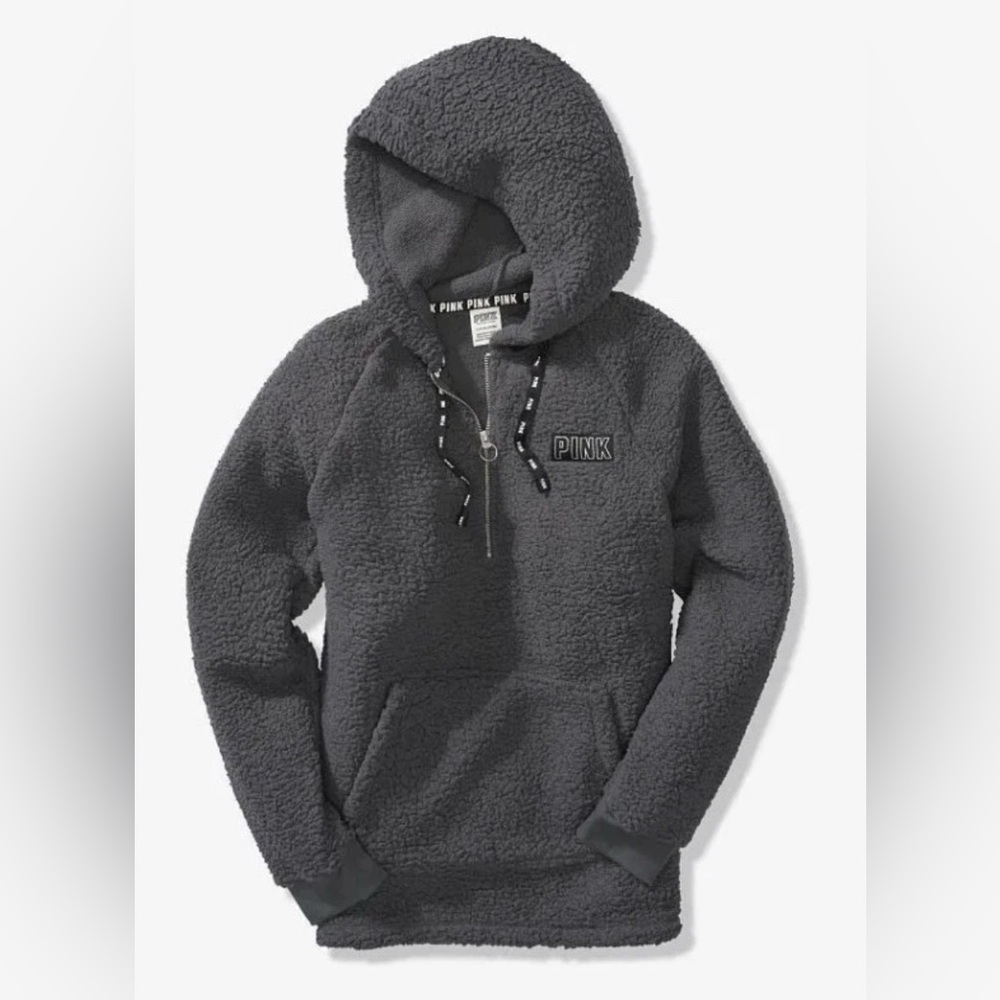 PINK | Victoria's Secret Women’s Gray Sherpa Hoodie W/ Zipper Half Way